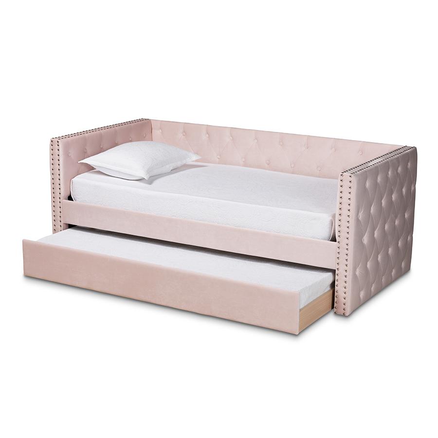 Pink Velvet Fabric Upholstered Twin Size Daybed with Trundle. Picture 2
