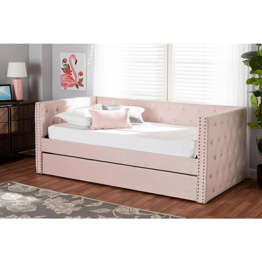 Pink Velvet Fabric Upholstered Twin Size Daybed with Trundle. Picture 8