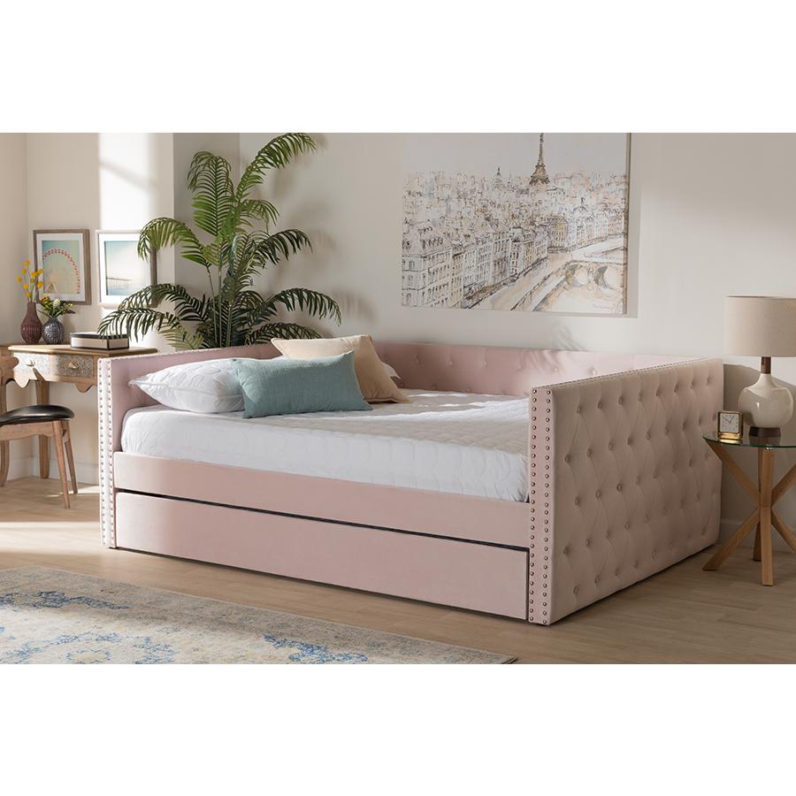 Pink Velvet Fabric Upholstered Full Size Daybed with Trundle. Picture 8