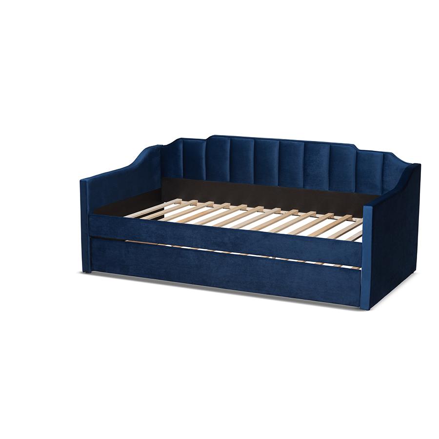 Navy Blue Velvet Fabric Upholstered Twin Size Daybed with Trundle. Picture 4