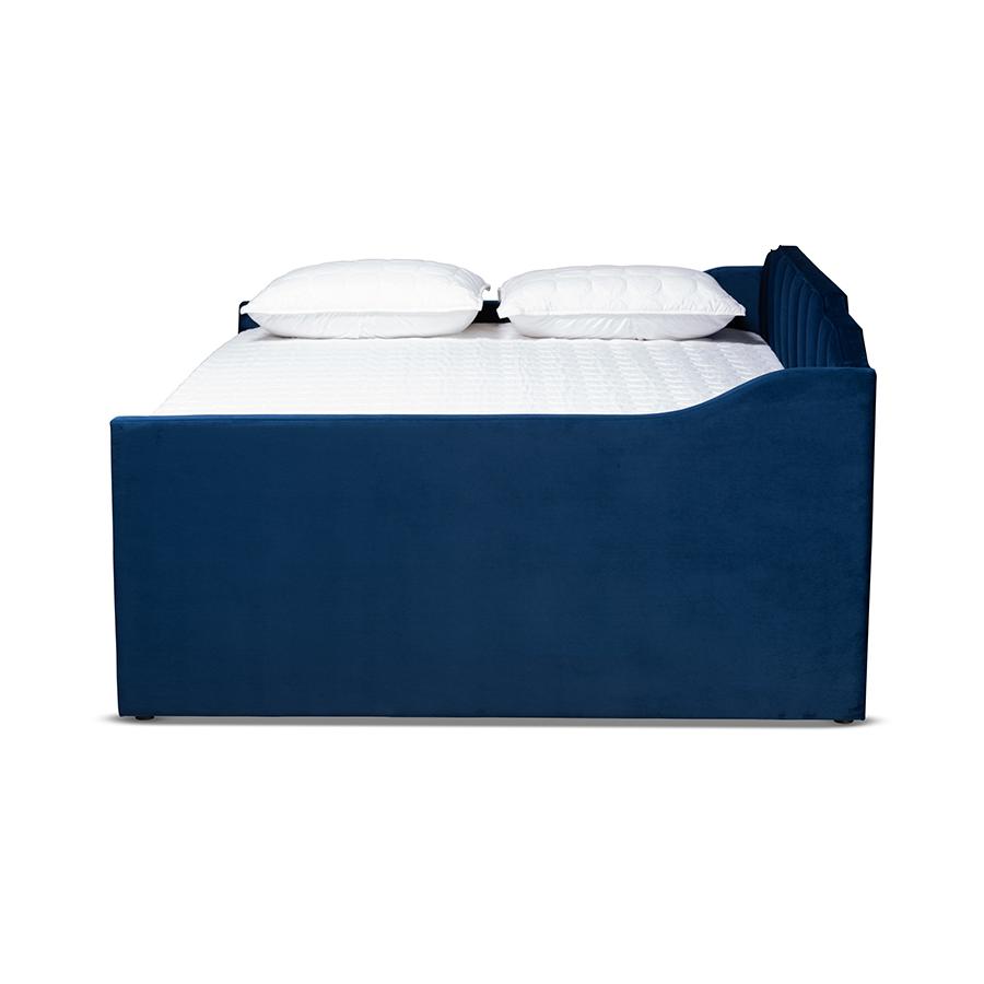 Navy Blue Velvet Fabric Upholstered Full Size Daybed with Trundle. Picture 3