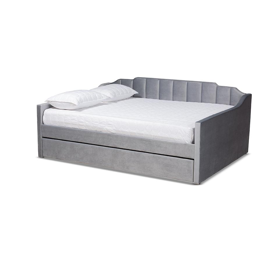 Grey Velvet Fabric Upholstered Full Size Daybed with Trundle. Picture 1