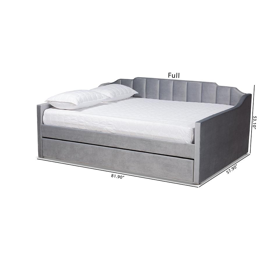 Grey Velvet Fabric Upholstered Full Size Daybed with Trundle. Picture 10