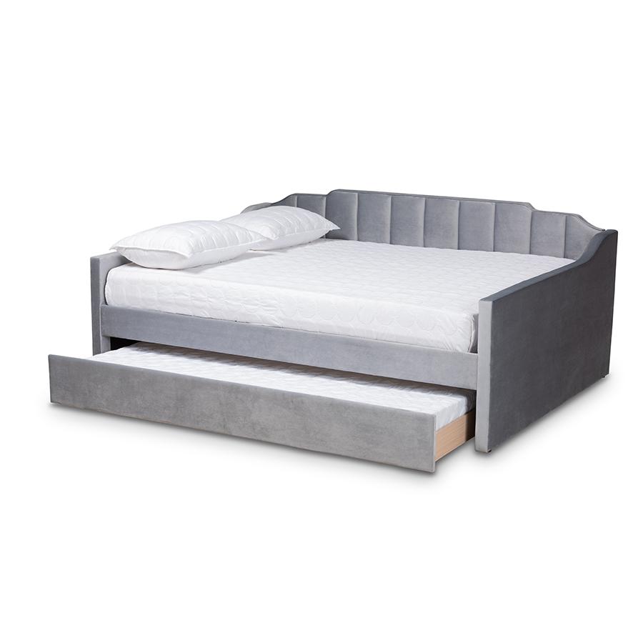 Grey Velvet Fabric Upholstered Full Size Daybed with Trundle. Picture 2