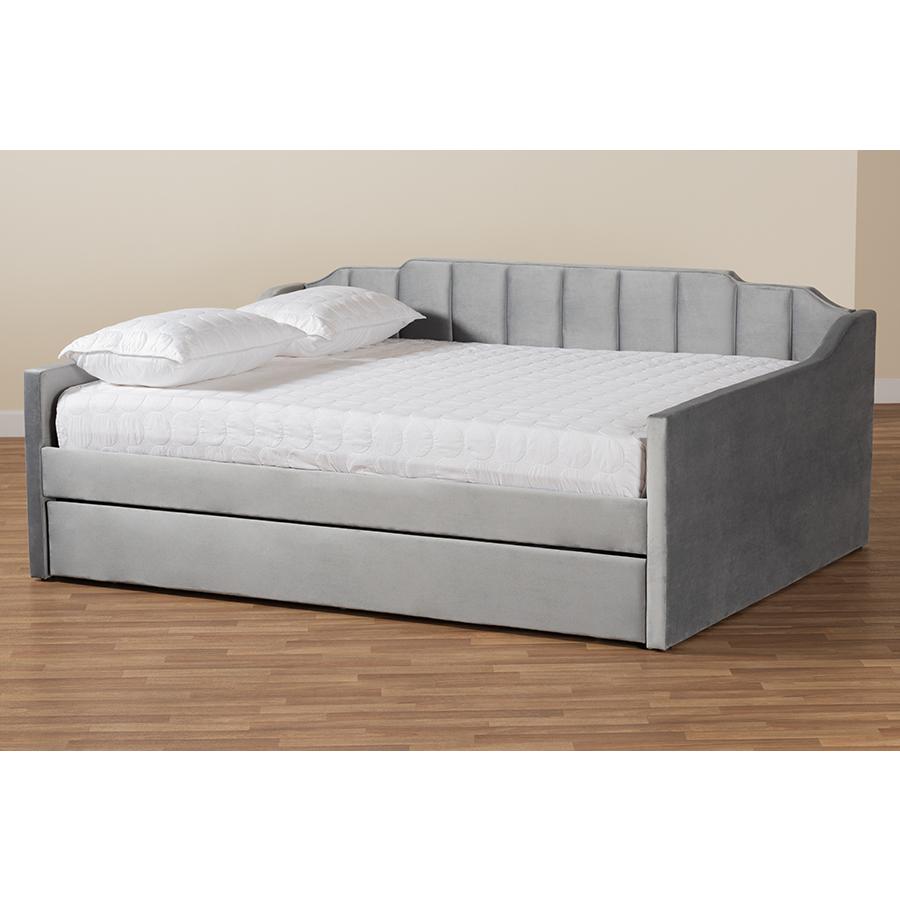 Grey Velvet Fabric Upholstered Full Size Daybed with Trundle. Picture 9