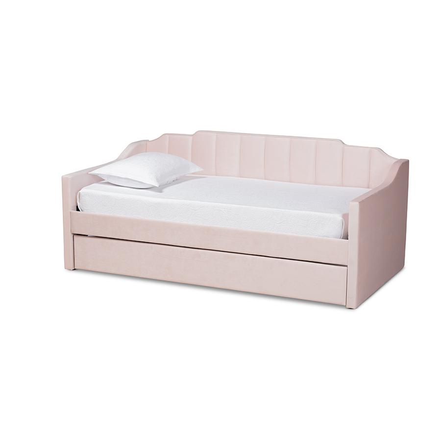 Pink Velvet Fabric Upholstered Twin Size Daybed with Trundle. Picture 1
