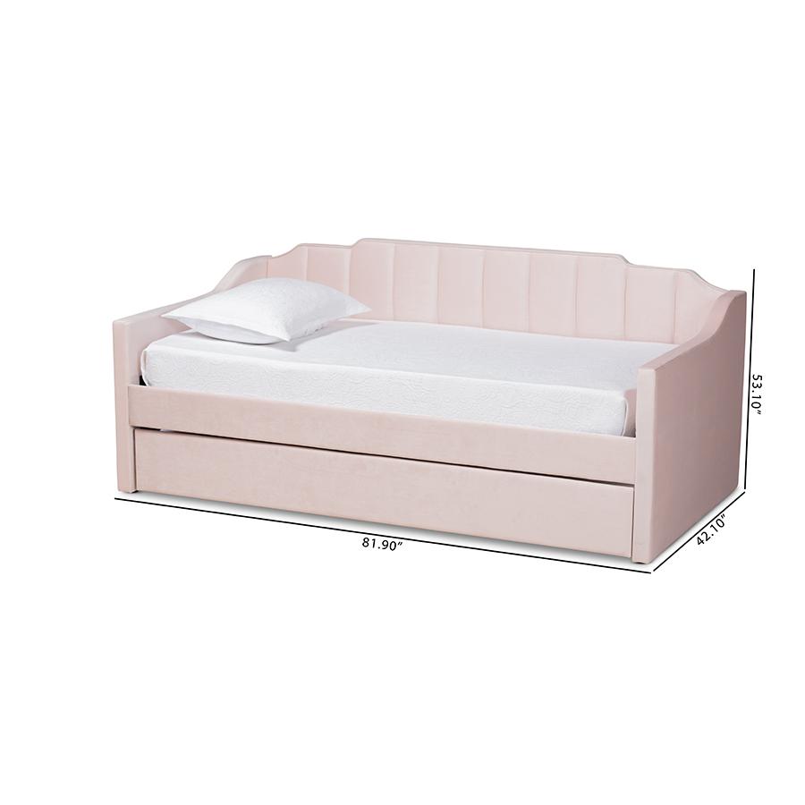 Pink Velvet Fabric Upholstered Twin Size Daybed with Trundle. Picture 10