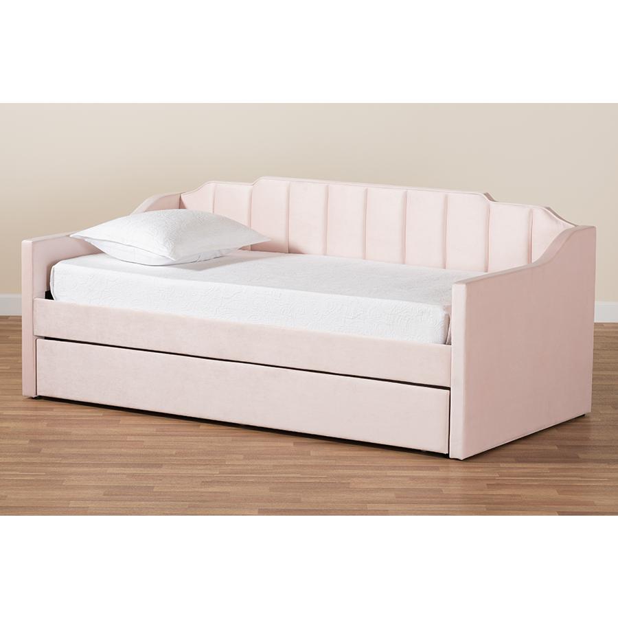 Pink Velvet Fabric Upholstered Twin Size Daybed with Trundle. Picture 9