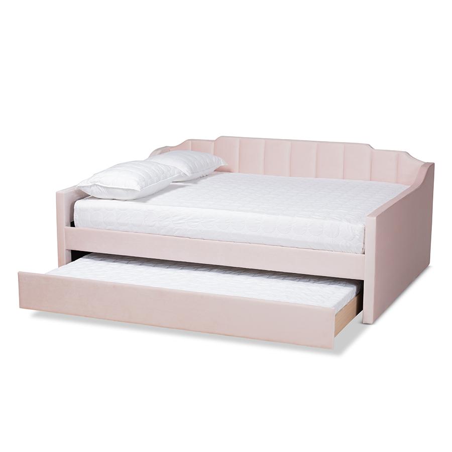 Pink Velvet Fabric Upholstered Full Size Daybed with Trundle. Picture 2
