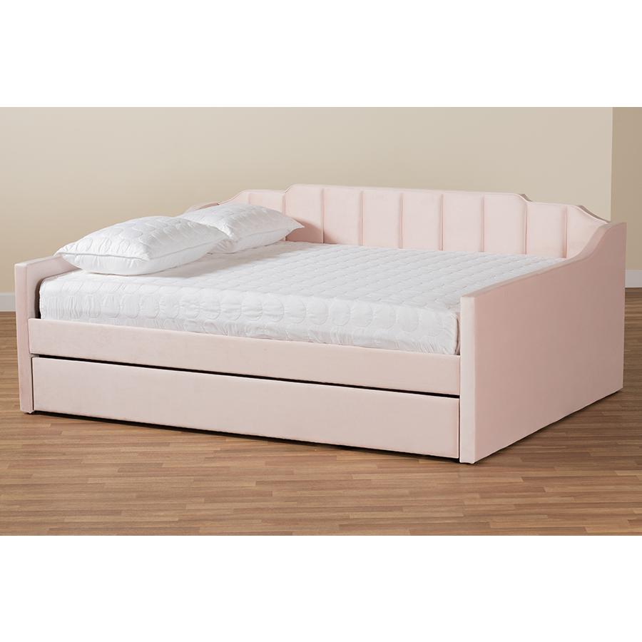 Pink Velvet Fabric Upholstered Full Size Daybed with Trundle. Picture 9