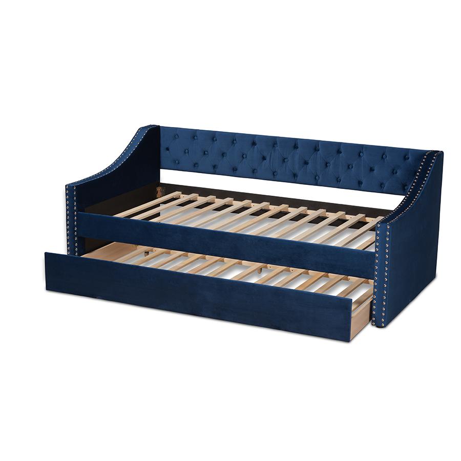 Navy Blue Velvet Fabric Upholstered Twin Size Daybed with Trundle. Picture 5