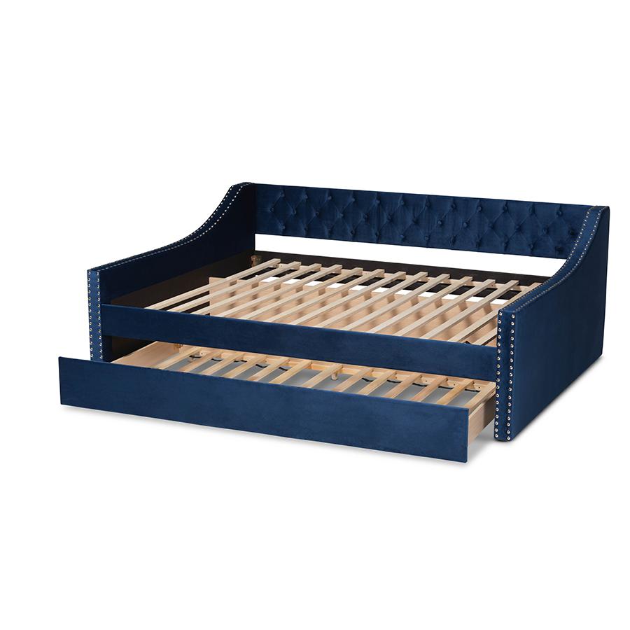 Navy Blue Velvet Fabric Upholstered Full Size Daybed with Trundle. Picture 5