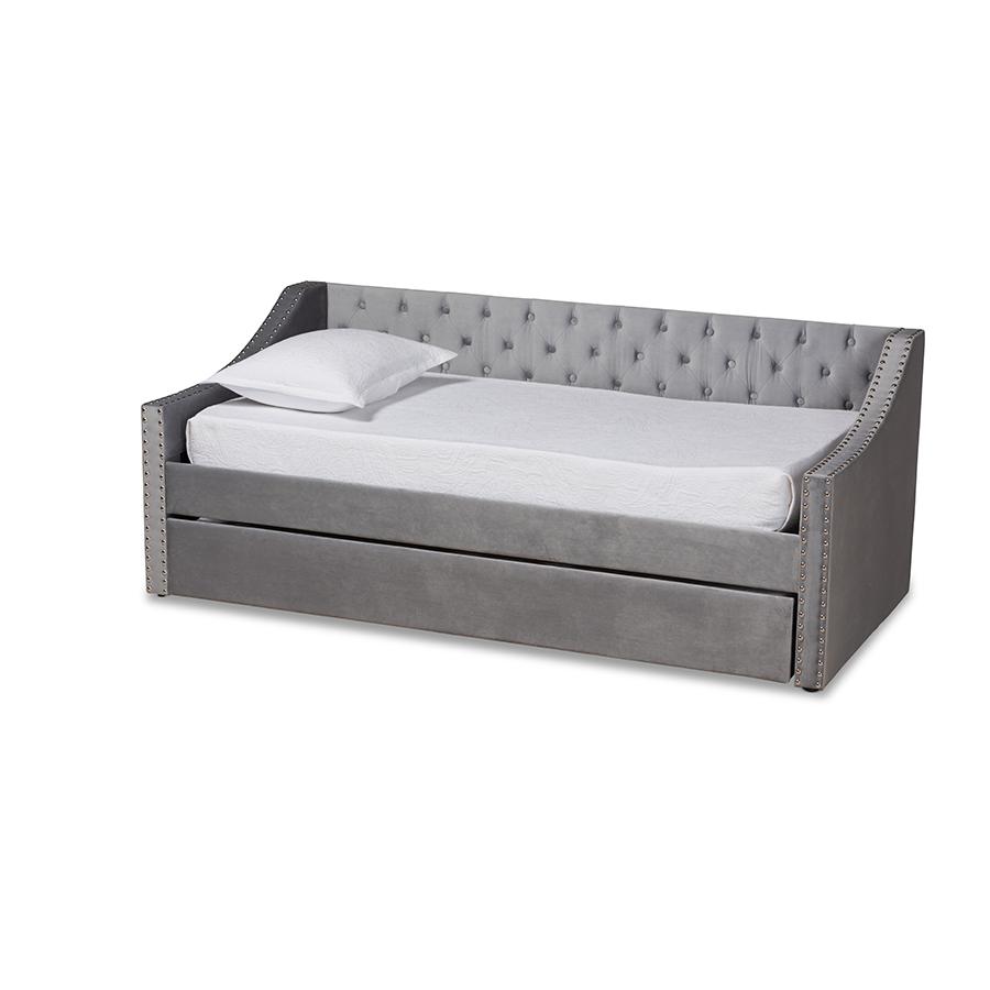 Grey Velvet Fabric Upholstered Twin Size Daybed with Trundle. Picture 1