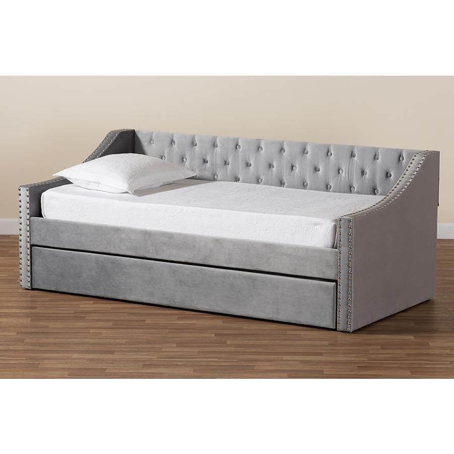 Grey Velvet Fabric Upholstered Twin Size Daybed with Trundle. Picture 10