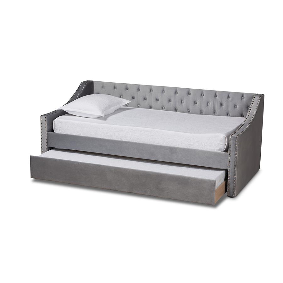Grey Velvet Fabric Upholstered Twin Size Daybed with Trundle. Picture 2