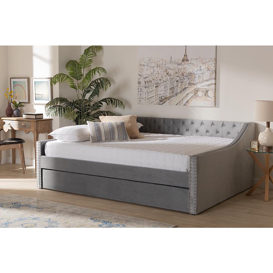 Grey Velvet Fabric Upholstered Full Size Daybed with Trundle. Picture 8