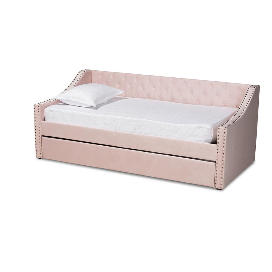 Pink Velvet Fabric Upholstered Twin Size Daybed with Trundle. Picture 1