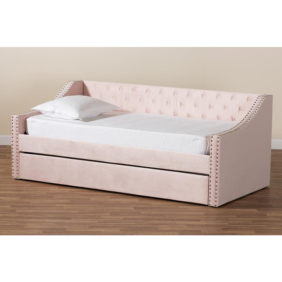 Pink Velvet Fabric Upholstered Twin Size Daybed with Trundle. Picture 10