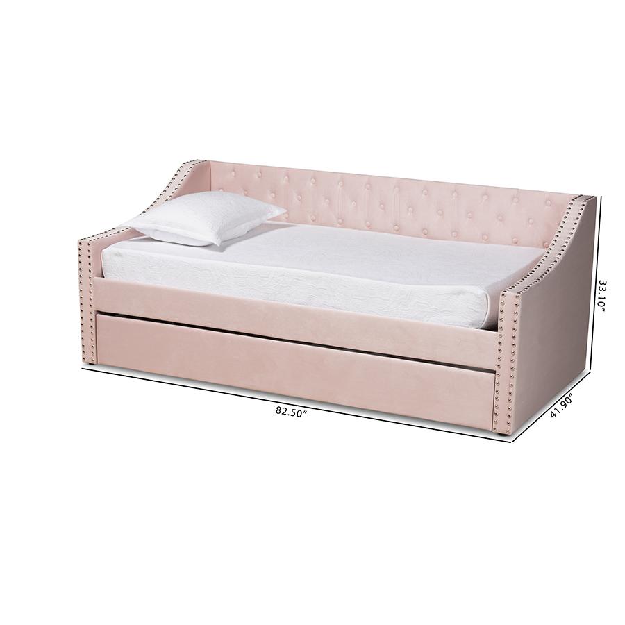 Pink Velvet Fabric Upholstered Twin Size Daybed with Trundle. Picture 11