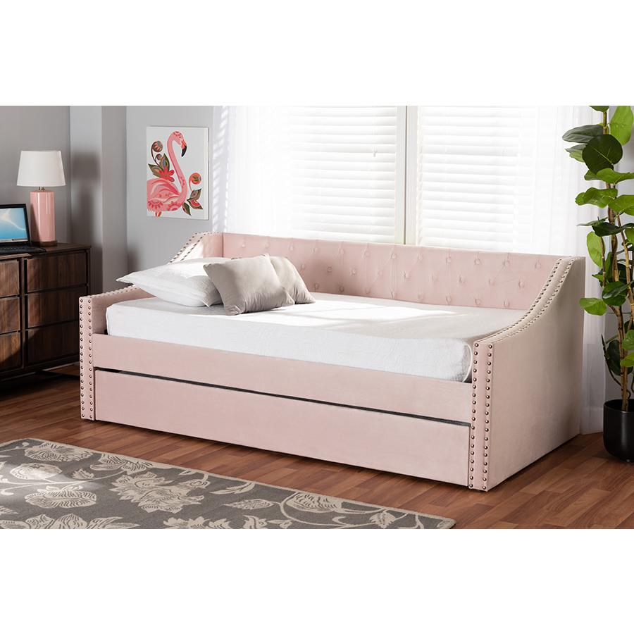 Pink Velvet Fabric Upholstered Twin Size Daybed with Trundle. Picture 8