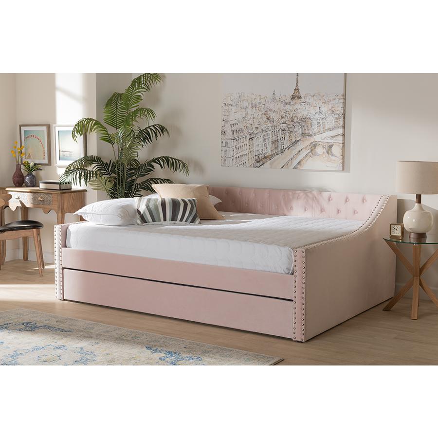 Pink Velvet Fabric Upholstered Full Size Daybed with Trundle. Picture 8
