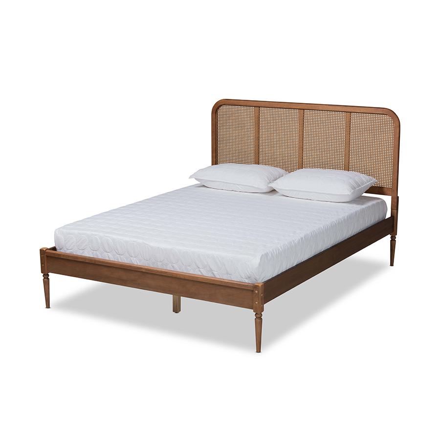 Walnut Brown Finished Wood and Synthetic Rattan Full Size Platform Bed. Picture 1