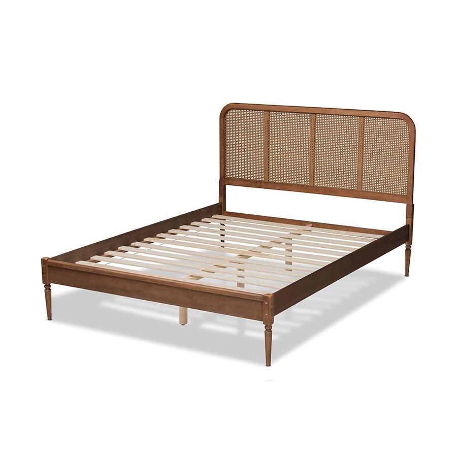 Walnut Brown Finished Wood and Synthetic Rattan Full Size Platform Bed. Picture 3