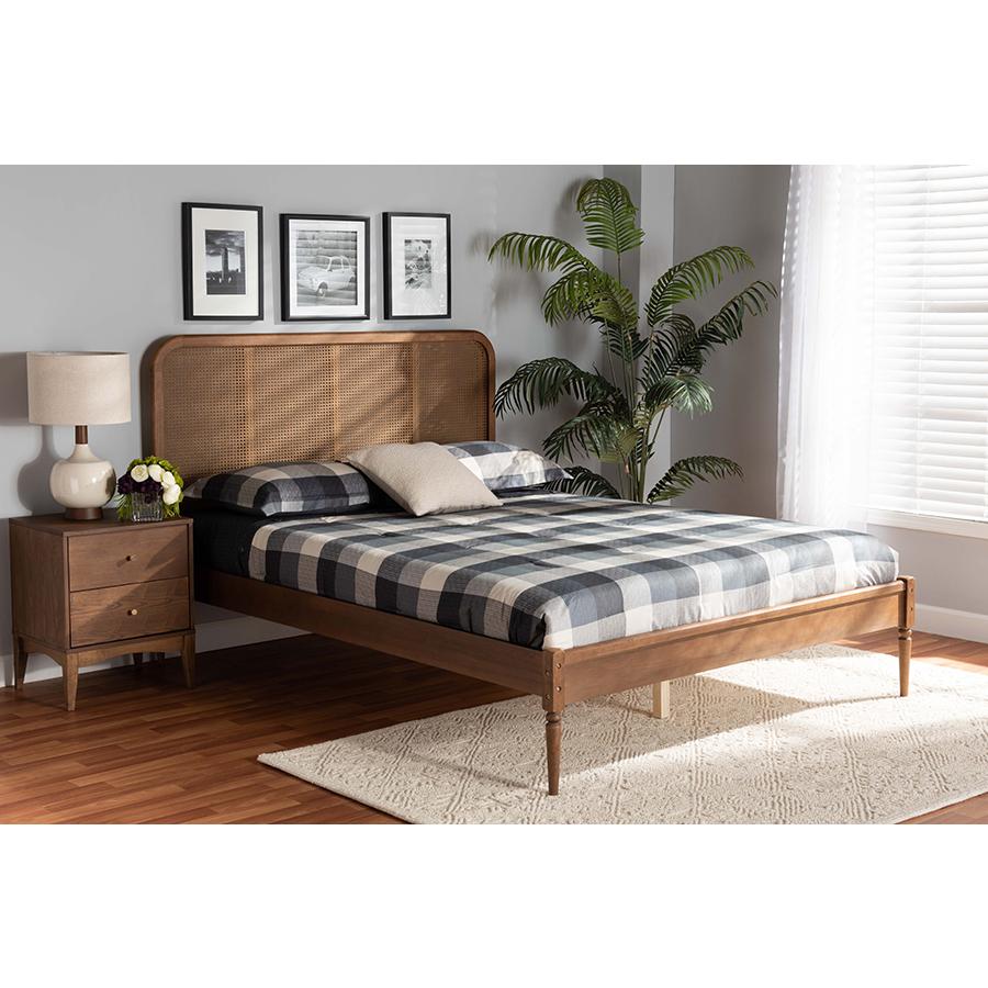 Walnut Brown Finished Wood and Synthetic Rattan Full Size Platform Bed. Picture 7