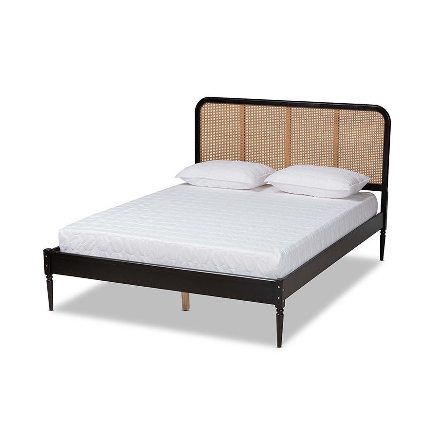 Baxton Studio Elston Mid-Century Modern Charcoal Finished Wood and Synthetic Rattan Queen Size Platform Bed. The main picture.