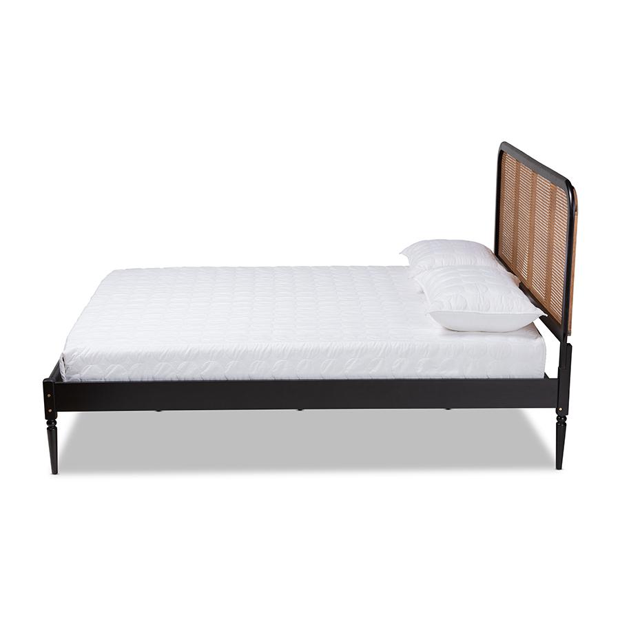 Baxton Studio Elston Mid-Century Modern Charcoal Finished Wood and Synthetic Rattan Queen Size Platform Bed. Picture 2