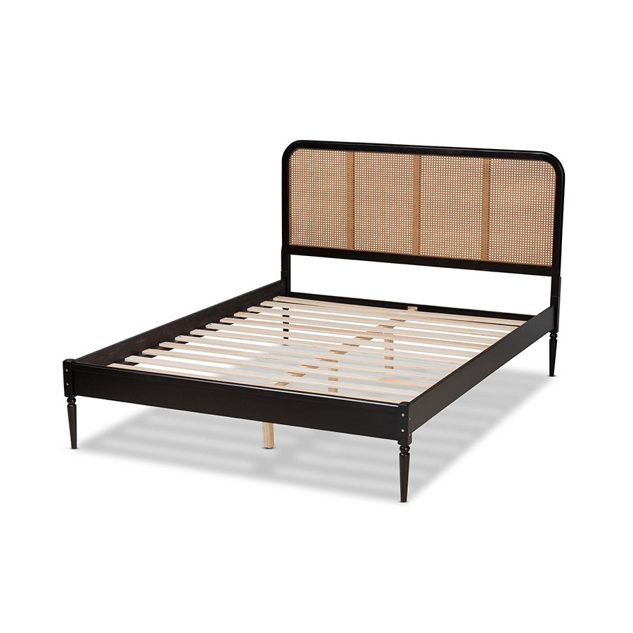 Baxton Studio Elston Mid-Century Modern Charcoal Finished Wood and Synthetic Rattan Queen Size Platform Bed. Picture 3