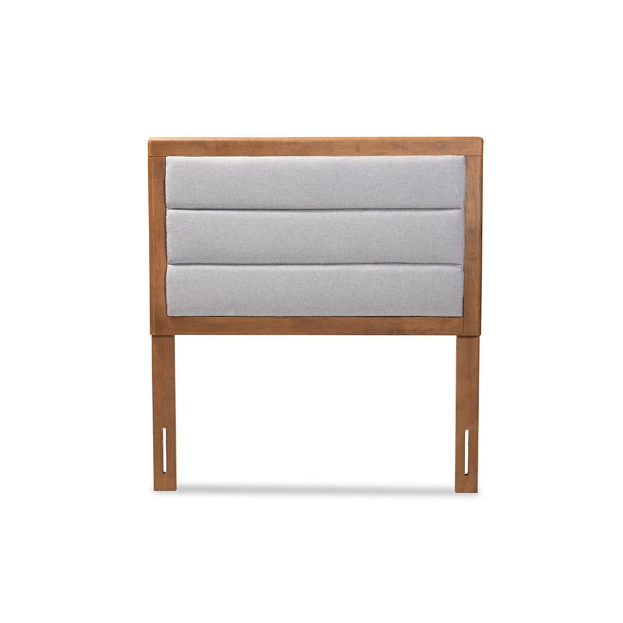 Light Grey Fabric Upholstered and Walnut Brown Finished Wood Twin Size Headboard. Picture 2