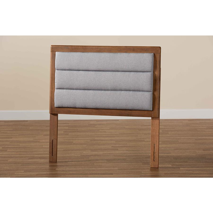 Light Grey Fabric Upholstered and Walnut Brown Finished Wood Twin Size Headboard. Picture 5