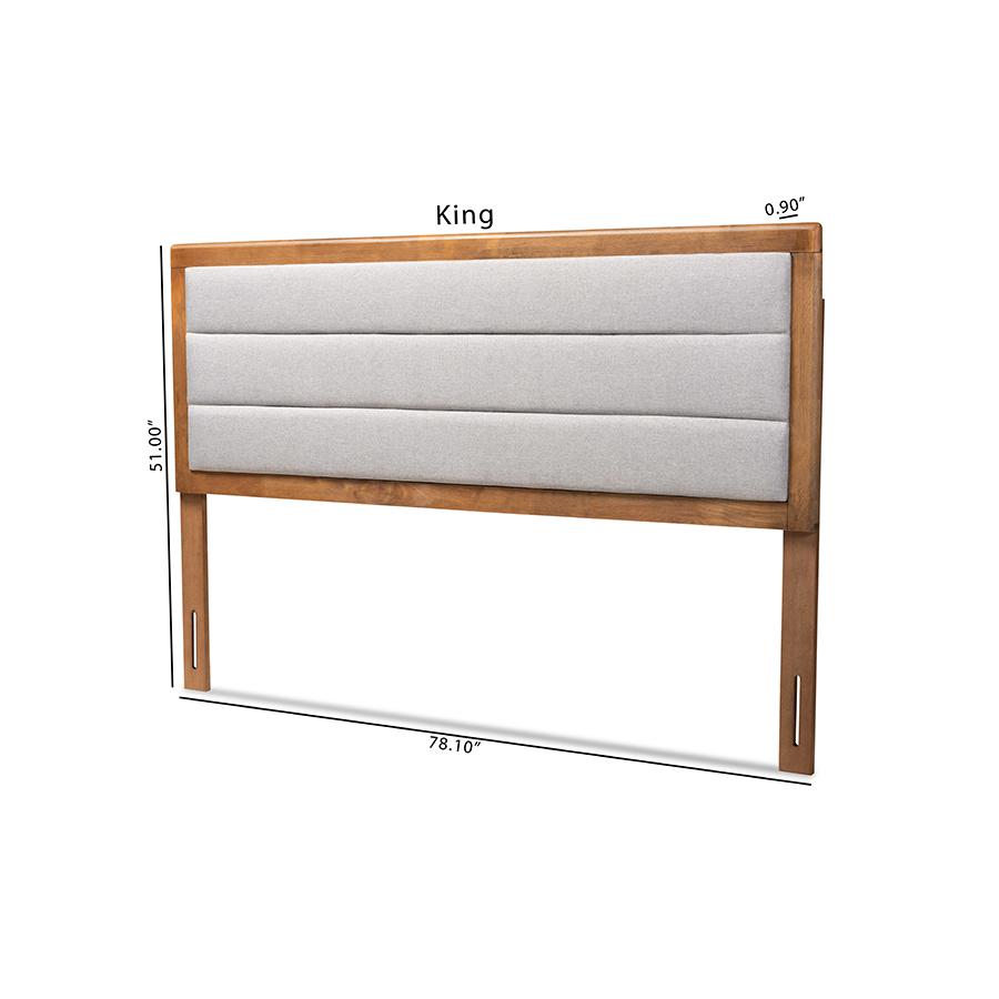 Light Grey Fabric Upholstered and Walnut Brown Finished Wood Full Size Headboard. Picture 8