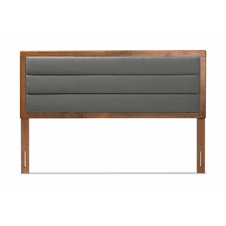 Dark Grey Fabric Upholstered and Walnut Brown Finished Wood Full Size Headboard. Picture 2