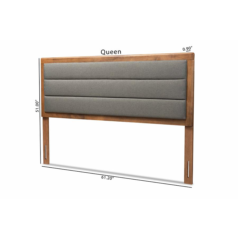 Dark Grey Fabric Upholstered and Walnut Brown Finished Wood Full Size Headboard. Picture 7