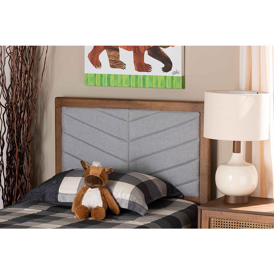 Light Grey Fabric Upholstered and Walnut Brown Finished Wood Twin Size Headboard. Picture 4