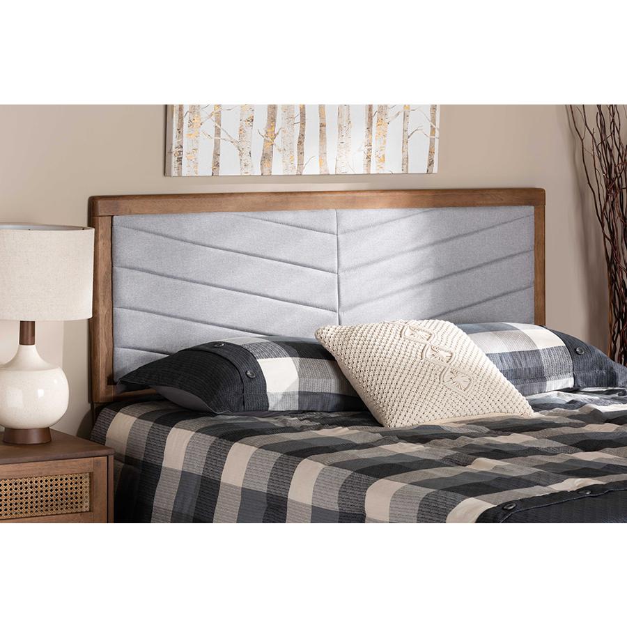 Light Grey Fabric Upholstered and Walnut Brown Finished Wood Full Size Headboard. Picture 4