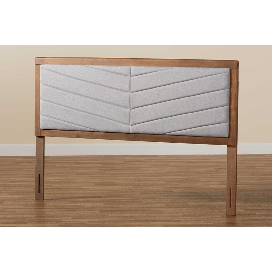 Light Grey Fabric Upholstered and Walnut Brown Finished Wood Full Size Headboard. Picture 5