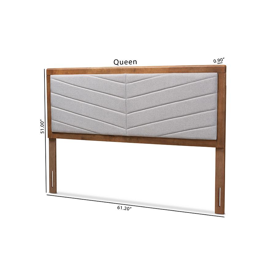 Light Grey Fabric Upholstered and Walnut Brown Finished Wood Full Size Headboard. Picture 7