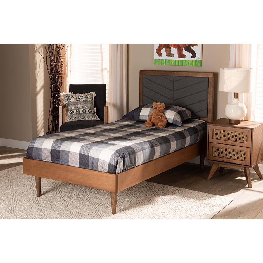 Walnut brown Finished Wood Twin Size Platform Bed. Picture 7