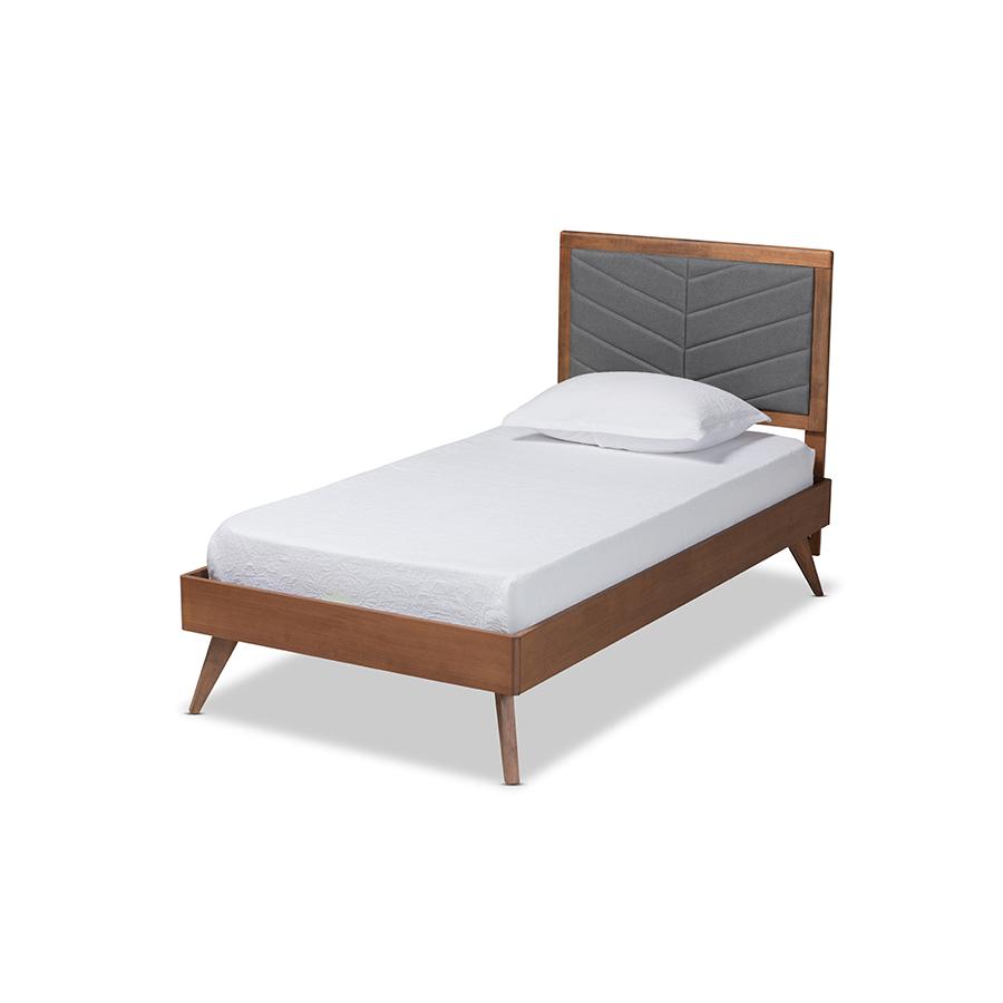 Walnut brown Finished Wood Twin Size Platform Bed. Picture 1