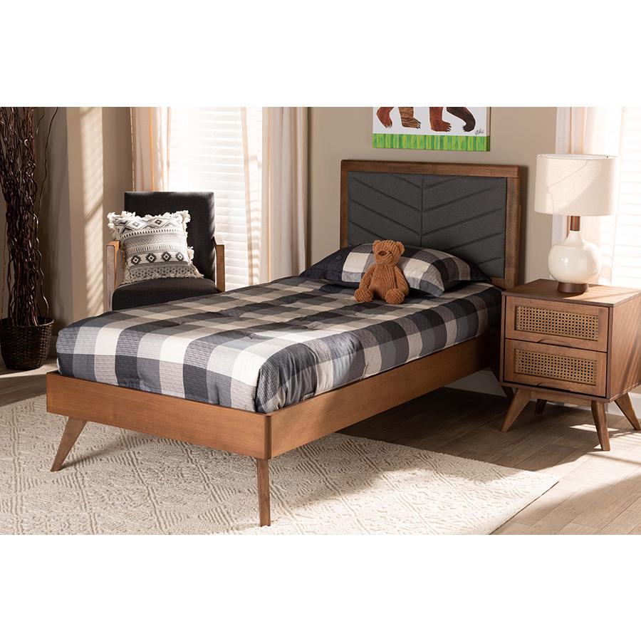 Walnut brown Finished Wood Twin Size Platform Bed. Picture 7