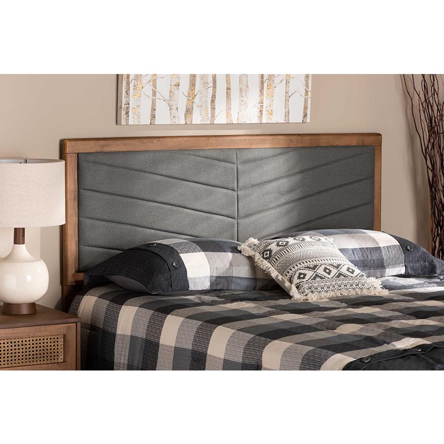 Dark Grey Fabric Upholstered and Walnut Brown Finished Wood Full Size Headboard. Picture 4