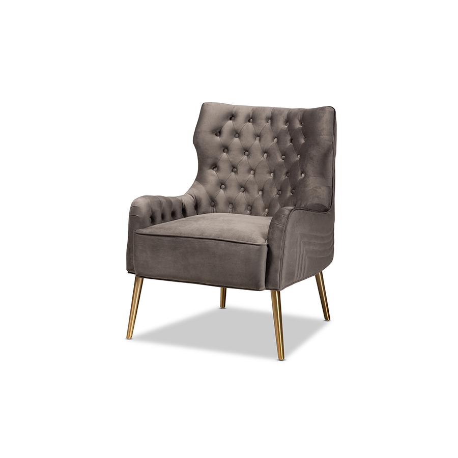 Luxe and Glam Grey Velvet Fabric Upholstered and Gold Finished Metal Armchair. Picture 1