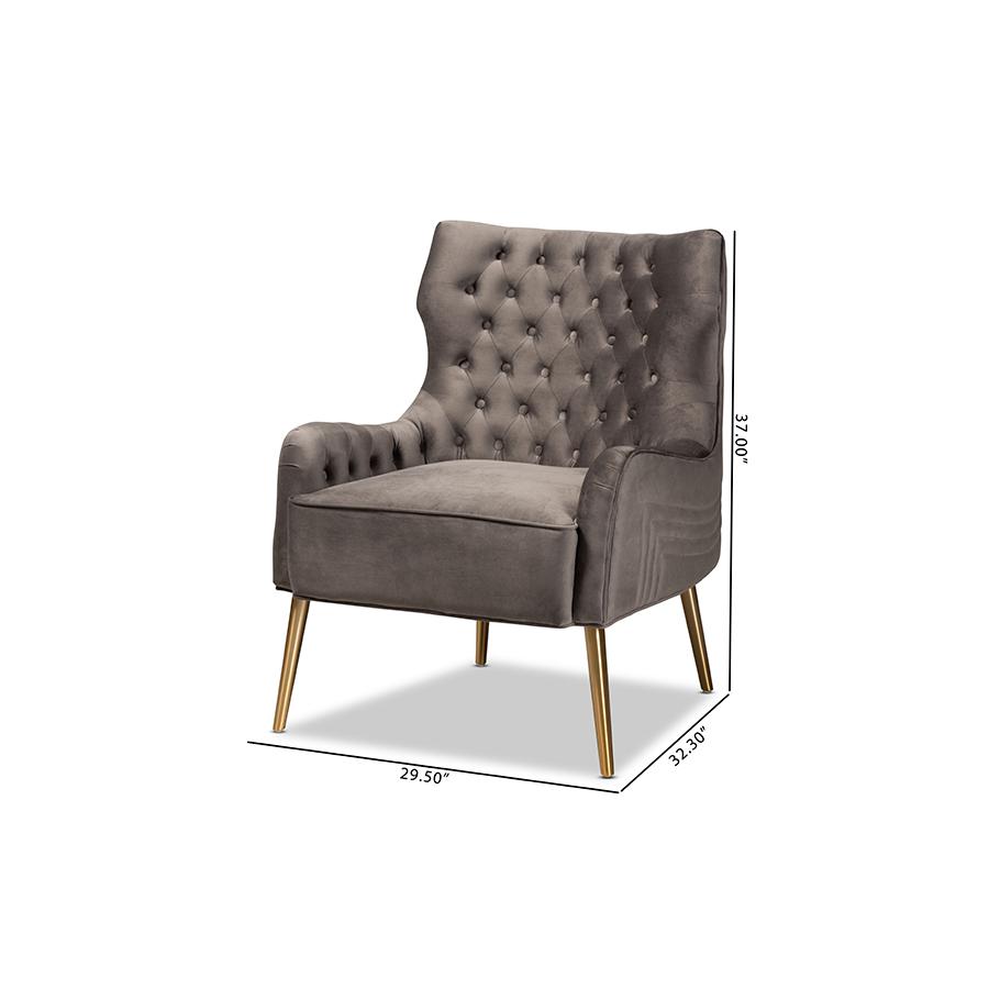 Luxe and Glam Grey Velvet Fabric Upholstered and Gold Finished Metal Armchair. Picture 10
