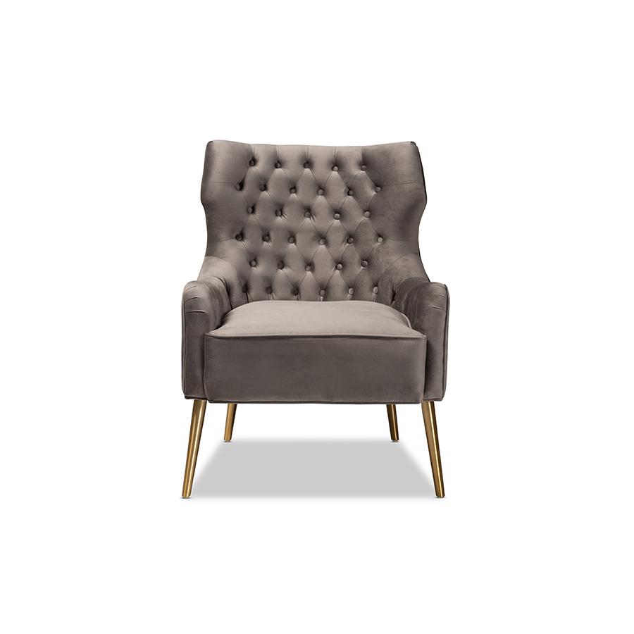 Luxe and Glam Grey Velvet Fabric Upholstered and Gold Finished Metal Armchair. Picture 2