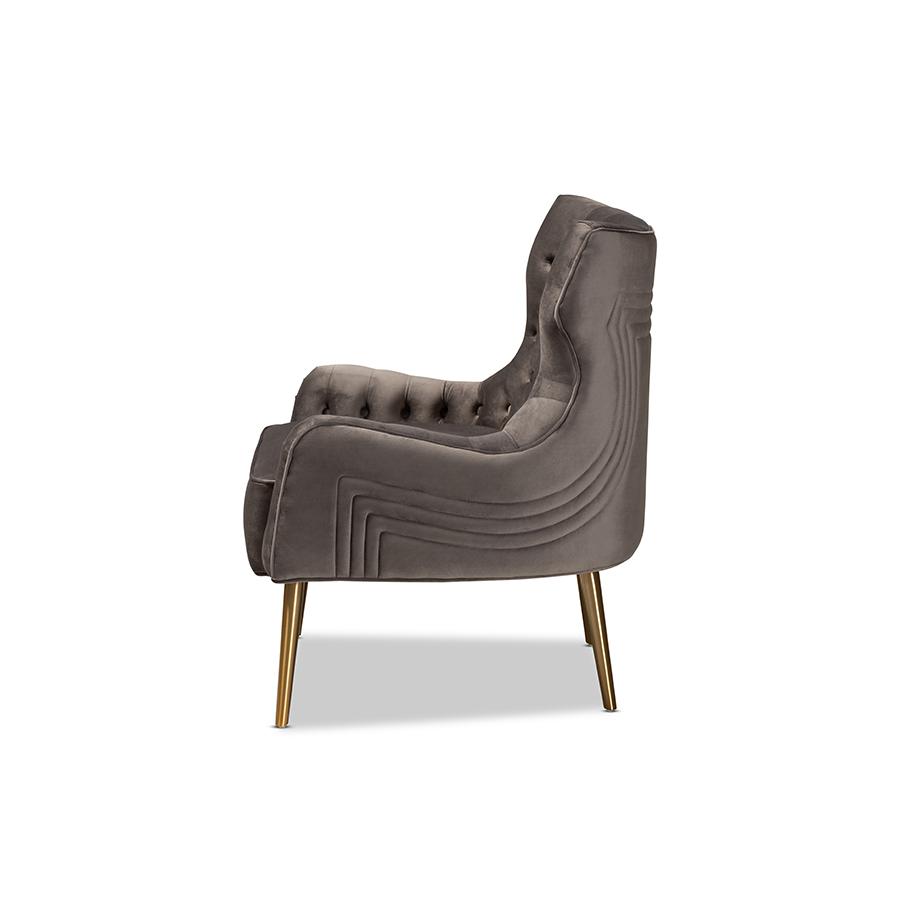 Luxe and Glam Grey Velvet Fabric Upholstered and Gold Finished Metal Armchair. Picture 3