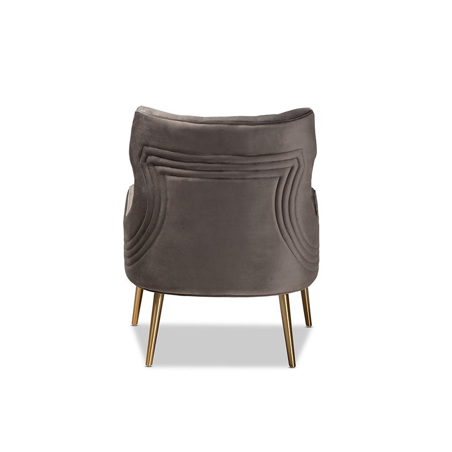 Luxe and Glam Grey Velvet Fabric Upholstered and Gold Finished Metal Armchair. Picture 4