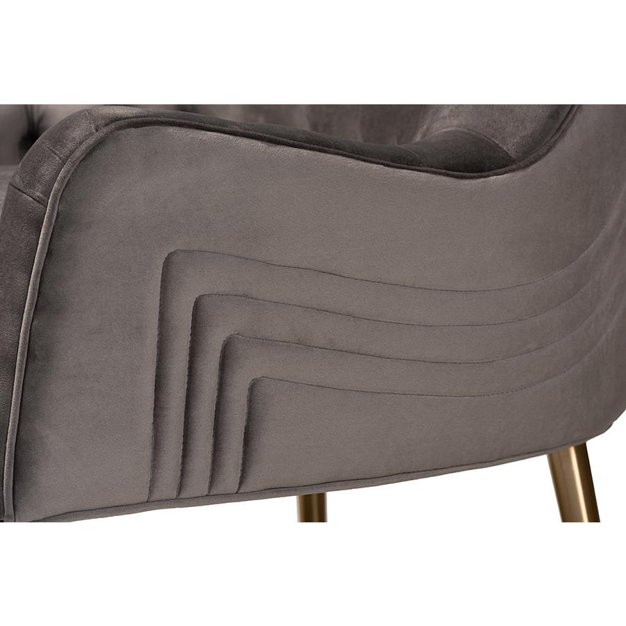 Luxe and Glam Grey Velvet Fabric Upholstered and Gold Finished Metal Armchair. Picture 6